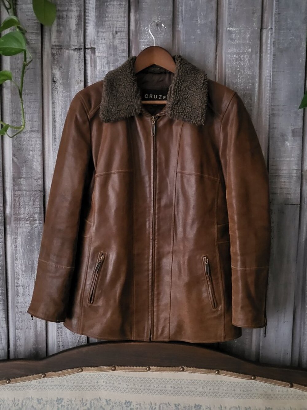 Cruze Vintage 90s Genuine Leather Jacket Removable Faux Fur Collar Brown M